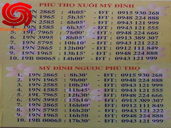 Xe khách Thủy Chính tuyến Phú Thọ đi Mỹ Đình Hà Nội và ngược lại