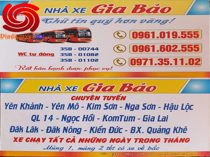 Xe khách Gia Bảo tuyến Yên Khánh Yên Mô Ninh Bình đi bến xe Quảng Khê Đăk Glong và ngược lại