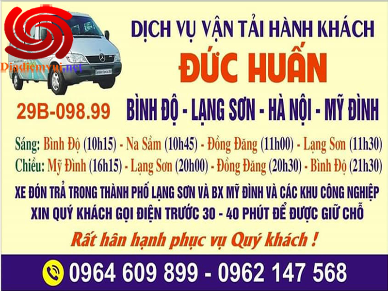 Xe khách Đức Huấn tuyến Bình Độ Na Sâm Đồng Đăng Lạng Sơn đi Mỹ Đình Hà Nội và ngược lại