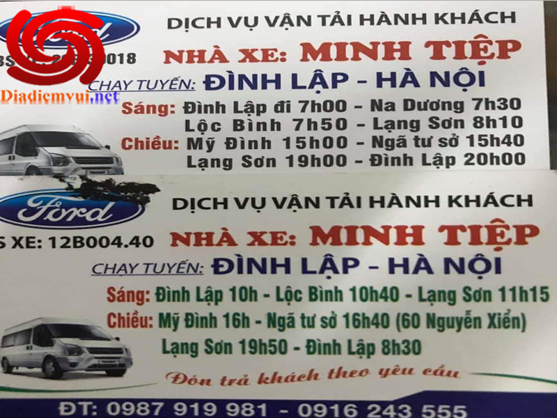 Xe khách Minh Tiệp tuyến Đình Lập Lạng Sơn đi Mỹ Đình Hà Nội và ngược lại