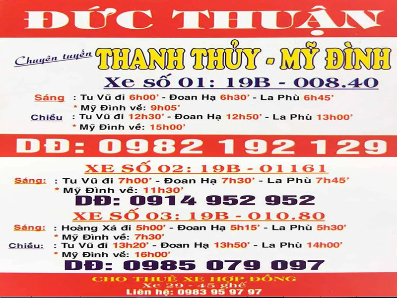 Xe khách Đức Thuận tuyến Tu Vũ Thanh Thủy Phú Thọ đi Mỹ Đình Hà Nội và ngược lại