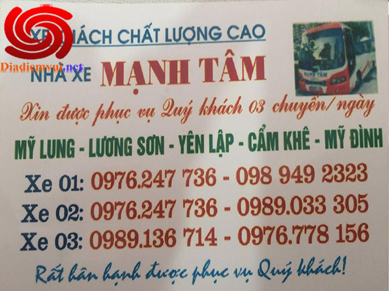 Xe khách Mạnh Tâm tuyến Mỹ Lung Yên Lập Phú Thọ đi Mỹ Đình Hà Nội và ngược lại