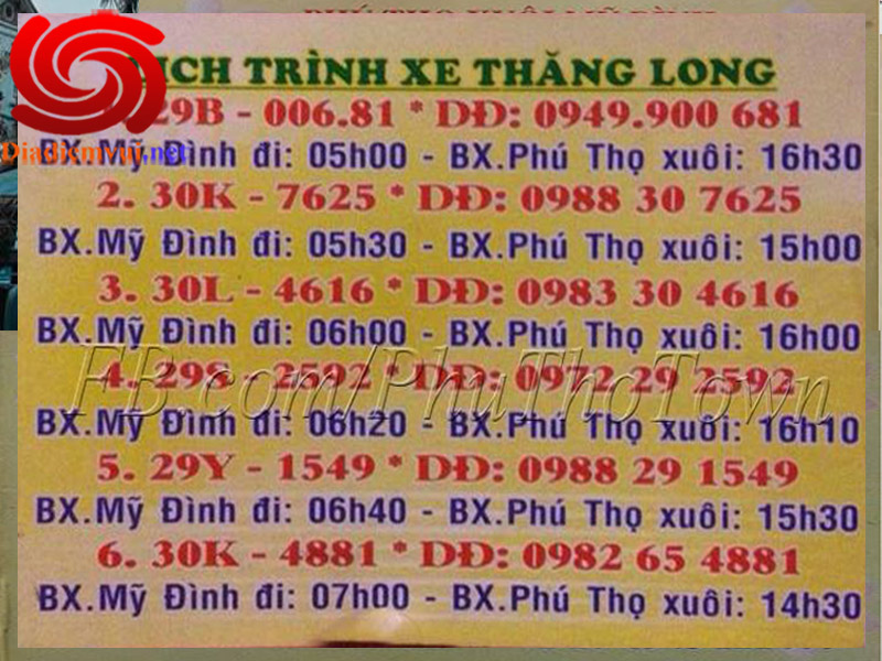 Xe khách Thăng Long tuyến Thị Xã Phú Thọ đi Mỹ Đình Hà Nội và ngược lại