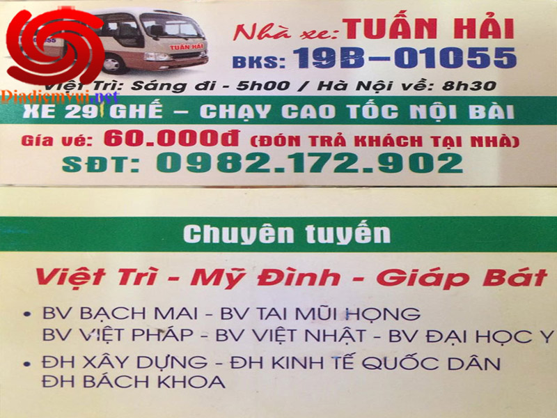 Xe khách Tuấn Hải tuyến Lâm Thao Việt Trì Phú Thọ đi Giáp Bát Mỹ Đình Hà Nội và ngược lại