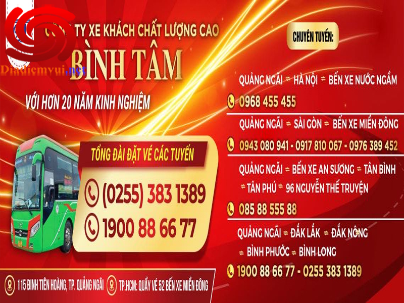 Xe khách Bình Tâm tuyến Nước Ngầm Hà Nội đi Quảng Ngãi và ngược lại